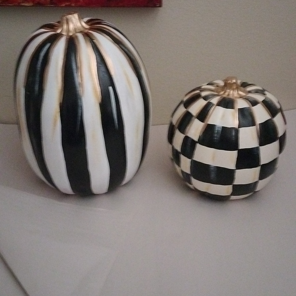 Pair of pumpkins striped and checked 14 and 10 in hand painted by me